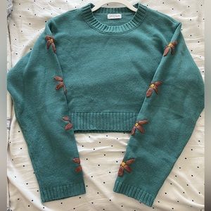 Vestique Teal Flower Sleeve Cropped Sweater Size M